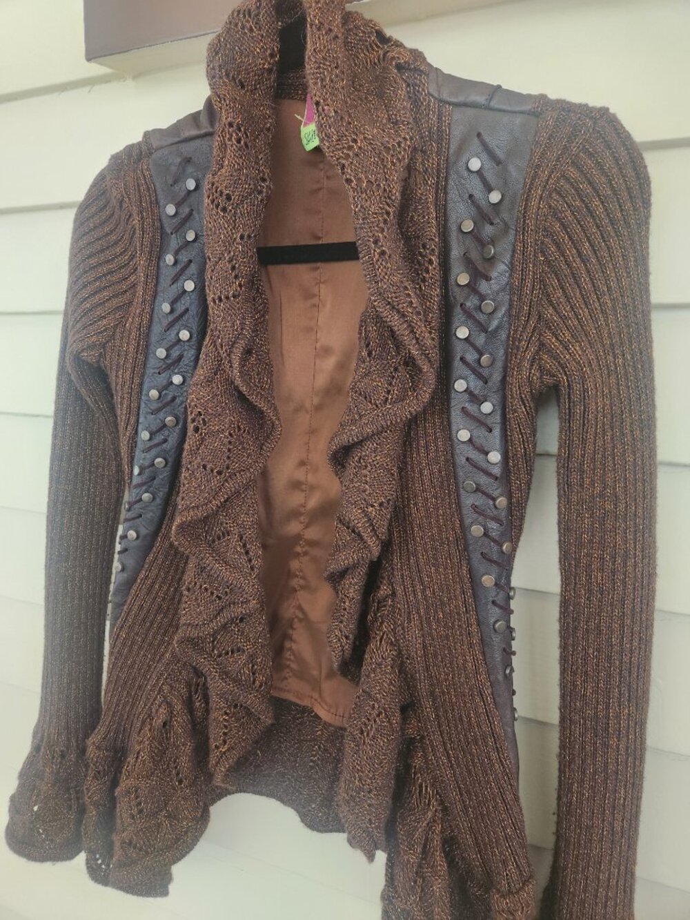 Save The Queen Knit Hooded Cardigan Sweater Brown Wool Blend S EUC - Picture 4 of 13